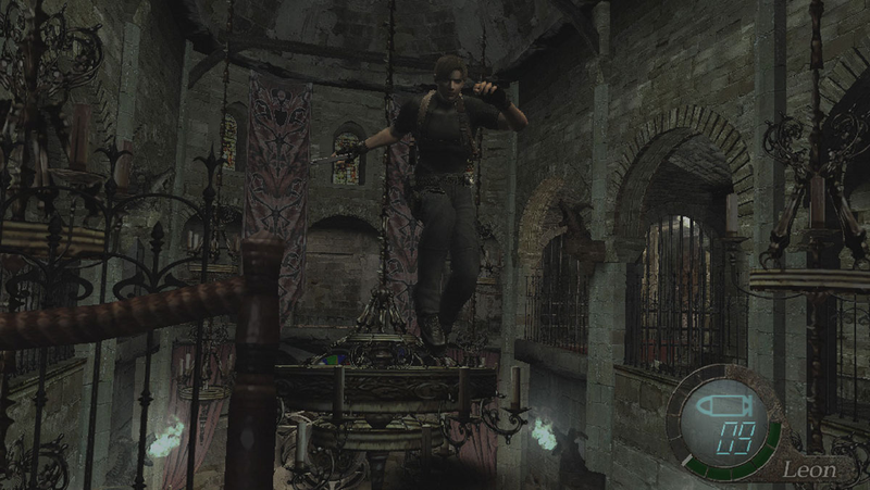 Resident Evil 4's Leon Kennedy, seen here leaping onto a platform that doesn’t yet exist.